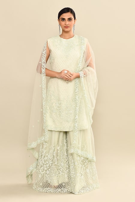 Kalighata_Aqua Organza Embroidery, Sequins, Cut Work High Neck Floral Kurta Sharara Set _Online_at_Aza_Fashions