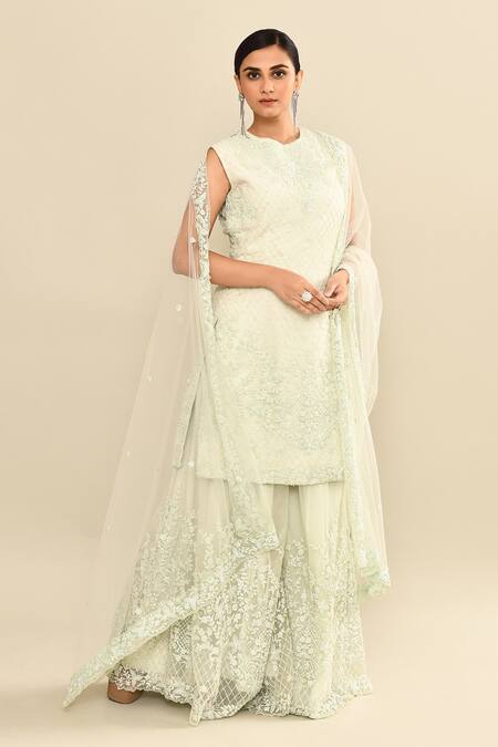 Buy_Kalighata_Aqua Organza Embroidery, Sequins, Cut Work High Neck Floral Kurta Sharara Set _Online_at_Aza_Fashions
