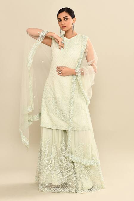 Shop_Kalighata_Aqua Organza Embroidery, Sequins, Cut Work High Neck Floral Kurta Sharara Set _Online_at_Aza_Fashions