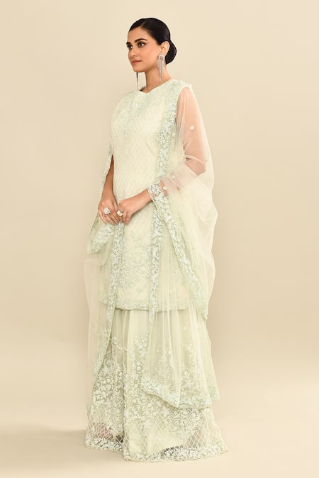 Kalighata_Aqua Organza Embroidery, Sequins, Cut Work High Neck Floral Kurta Sharara Set _at_Aza_Fashions