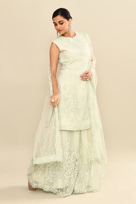 Buy_Kalighata_Aqua Organza Embroidery, Sequins, Cut Work High Neck Floral Kurta Sharara Set 