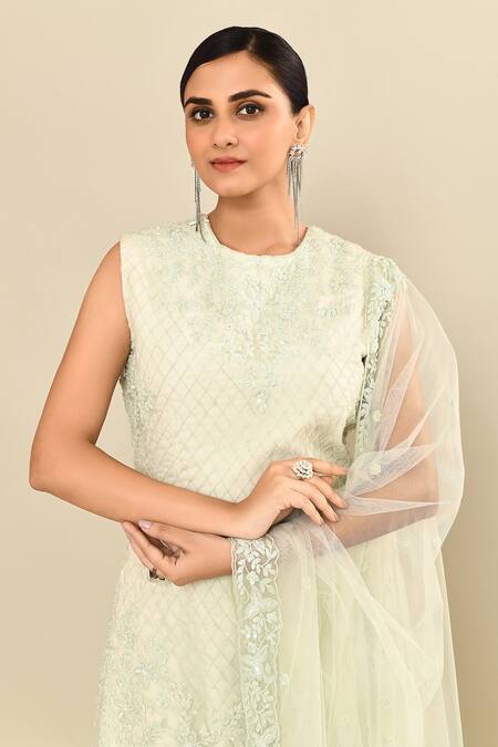 Shop_Kalighata_Aqua Organza Embroidery, Sequins, Cut Work High Neck Floral Kurta Sharara Set 