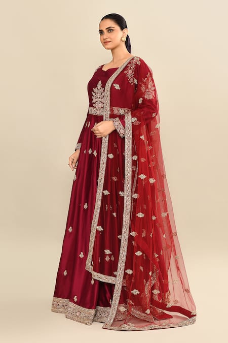 Kalighata_Maroon Chanderi Sequins, Cut Work Polo Collar Hand Embroidered Anarkali Set _at_Aza_Fashions