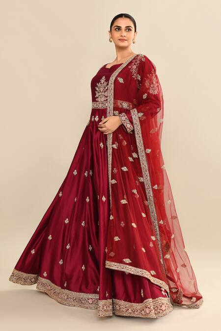 Shop_Kalighata_Maroon Chanderi Sequins, Cut Work Polo Collar Hand Embroidered Anarkali Set 