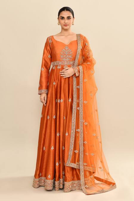 Kalighata_Orange Chanderi Sequins, Embroidery, Cut Work Floral Anarkali And Dupatta _Online_at_Aza_Fashions