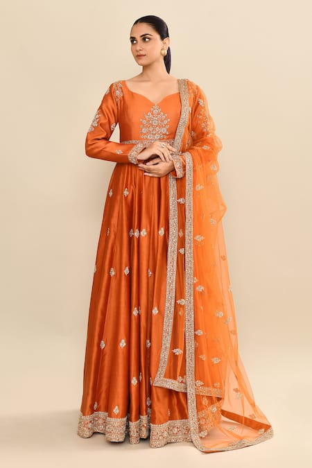 Buy_Kalighata_Orange Chanderi Sequins, Embroidery, Cut Work Floral Anarkali And Dupatta _Online_at_Aza_Fashions