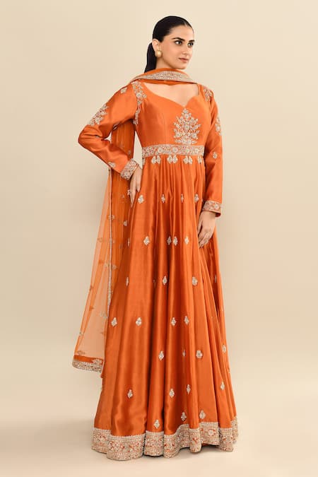 Shop_Kalighata_Orange Chanderi Sequins, Embroidery, Cut Work Floral Anarkali And Dupatta _Online_at_Aza_Fashions