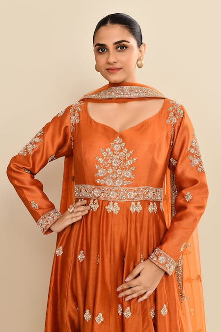 Kalighata_Orange Chanderi Sequins, Embroidery, Cut Work Floral Anarkali And Dupatta _at_Aza_Fashions
