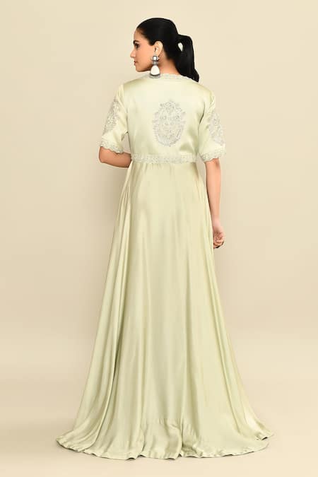 Shop_Kalighata_Green , Satin Sequins, Cut Aqua Hand Embroidered Anarkali And Pant Set _at_Aza_Fashions