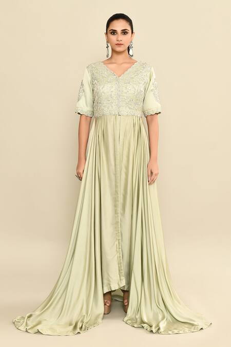 Buy_Kalighata_Green , Satin Sequins, Cut Aqua Hand Embroidered Anarkali And Pant Set _Online_at_Aza_Fashions