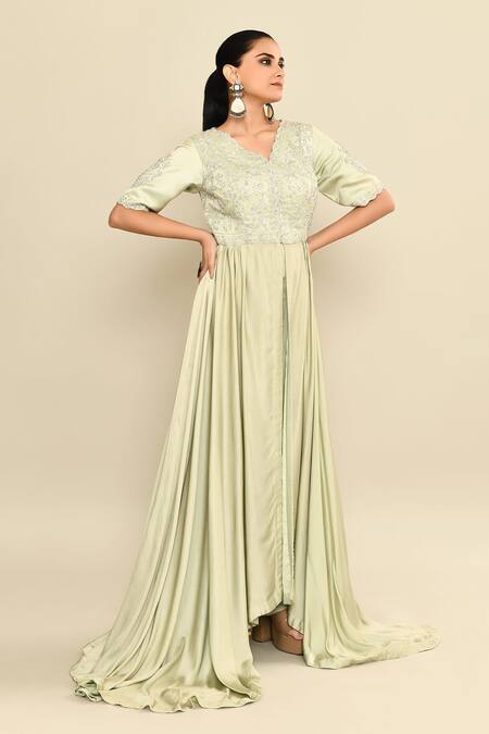 Shop_Kalighata_Green , Satin Sequins, Cut Aqua Hand Embroidered Anarkali And Pant Set _Online_at_Aza_Fashions