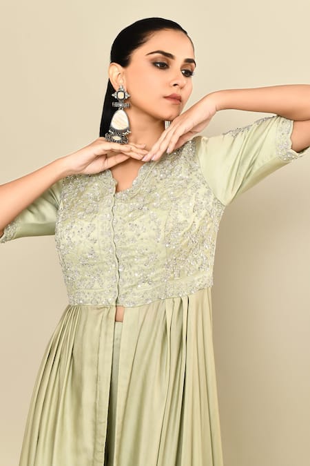 Kalighata_Green , Satin Sequins, Cut Aqua Hand Embroidered Anarkali And Pant Set _at_Aza_Fashions