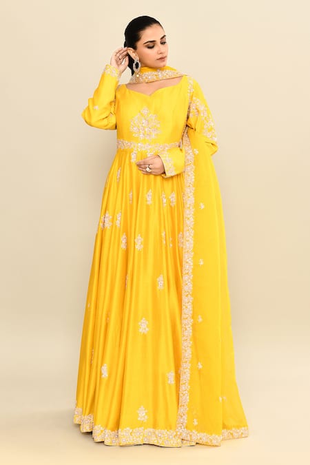 Kalighata_Yellow Chanderi Sequins, Cut Work Polo Mustard Floral Embroidered Anarkali Set _Online_at_Aza_Fashions