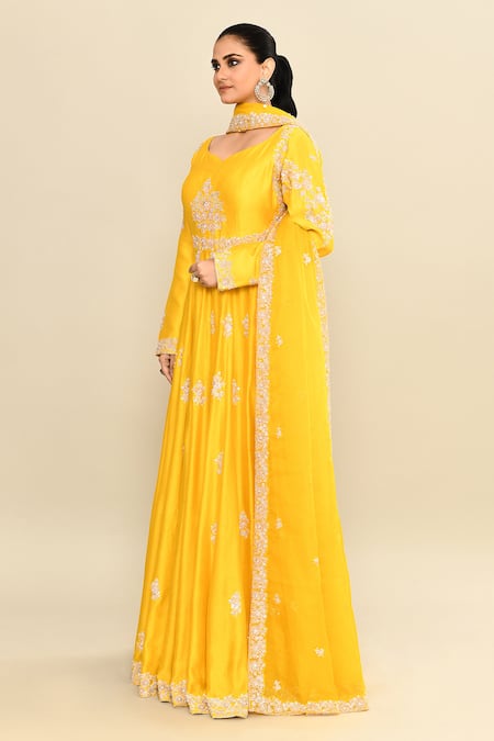 Buy_Kalighata_Yellow Chanderi Sequins, Cut Work Polo Mustard Floral Embroidered Anarkali Set _Online_at_Aza_Fashions