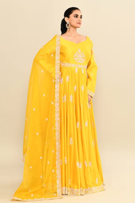 Shop_Kalighata_Yellow Chanderi Sequins, Cut Work Polo Mustard Floral Embroidered Anarkali Set _Online_at_Aza_Fashions