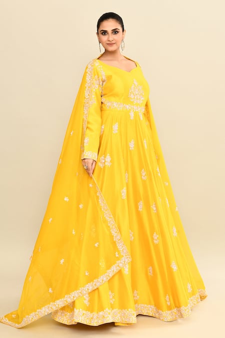 Kalighata_Yellow Chanderi Sequins, Cut Work Polo Mustard Floral Embroidered Anarkali Set _at_Aza_Fashions