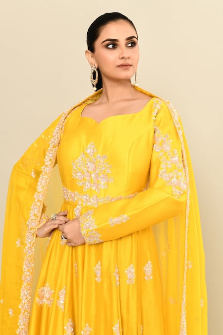 Buy_Kalighata_Yellow Chanderi Sequins, Cut Work Polo Mustard Floral Embroidered Anarkali Set 