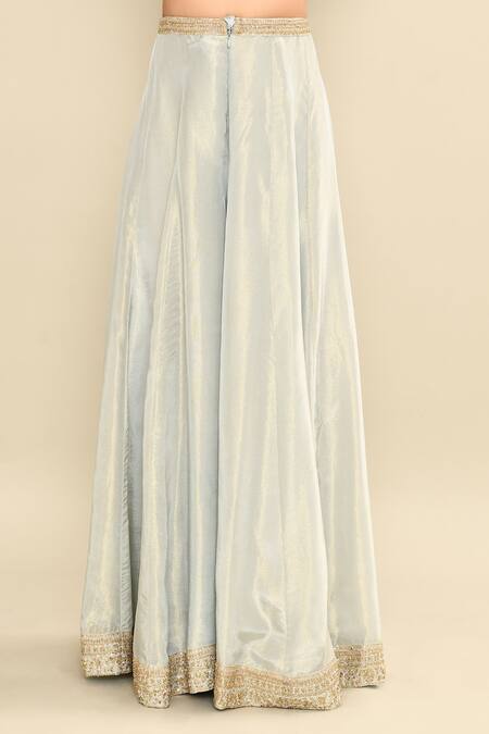 Kalighata_Blue Tissue Sequins, Cut Work Scoop Neck Floral Embroidered Jacket Anarkali Set _Online_at_Aza_Fashions