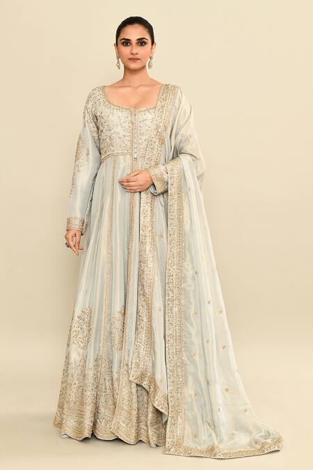 Buy_Kalighata_Blue Tissue Sequins, Cut Work Scoop Neck Floral Embroidered Jacket Anarkali Set _Online_at_Aza_Fashions