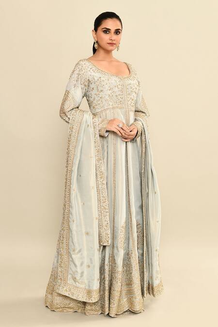 Shop_Kalighata_Blue Tissue Sequins, Cut Work Scoop Neck Floral Embroidered Jacket Anarkali Set _Online_at_Aza_Fashions