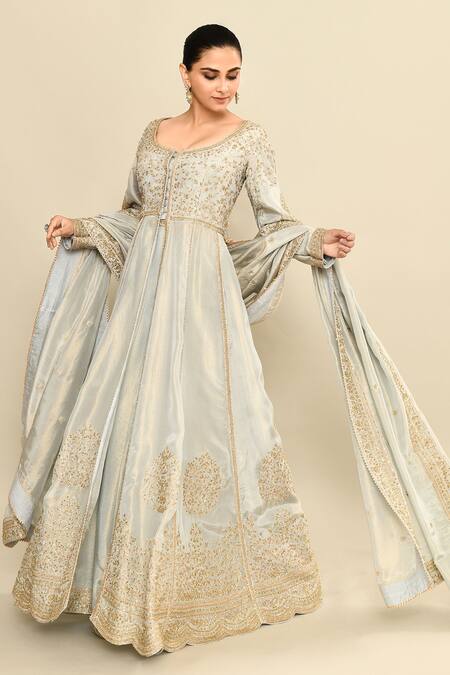 Kalighata_Blue Tissue Sequins, Cut Work Scoop Neck Floral Embroidered Jacket Anarkali Set _at_Aza_Fashions