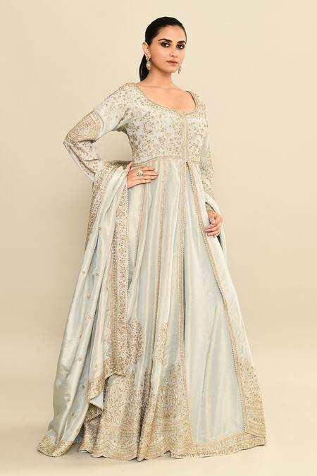 Buy_Kalighata_Blue Tissue Sequins, Cut Work Scoop Neck Floral Embroidered Jacket Anarkali Set 