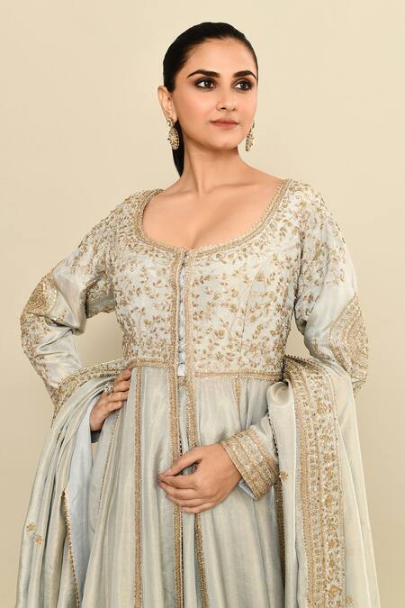 Shop_Kalighata_Blue Tissue Sequins, Cut Work Scoop Neck Floral Embroidered Jacket Anarkali Set 