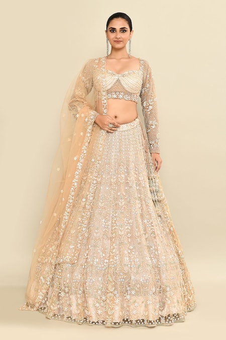 Kalighata_Gray Net Sequins, Cut Work, Embroidery Sweetheart Floral Bridal Lehenga Set _Online_at_Aza_Fashions