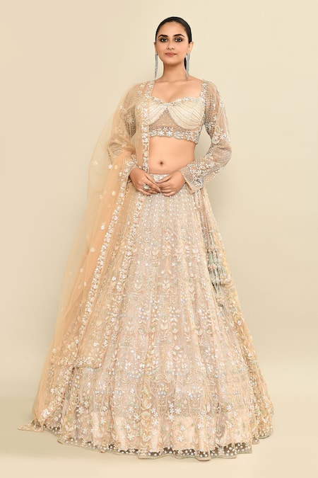 Buy_Kalighata_Gray Net Sequins, Cut Work, Embroidery Sweetheart Floral Bridal Lehenga Set _Online_at_Aza_Fashions