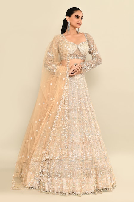 Shop_Kalighata_Gray Net Sequins, Cut Work, Embroidery Sweetheart Floral Bridal Lehenga Set _Online_at_Aza_Fashions