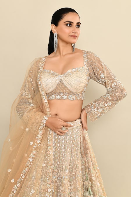 Buy_Kalighata_Gray Net Sequins, Cut Work, Embroidery Sweetheart Floral Bridal Lehenga Set 