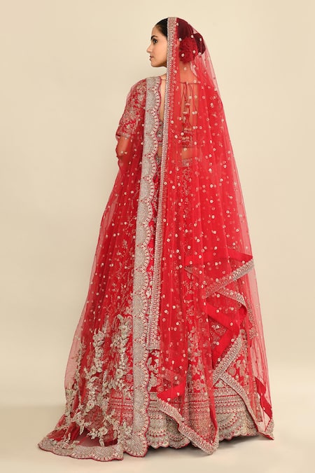 Kalighata Hand Embroidered Cherry Red Bridal Lehenga Set 