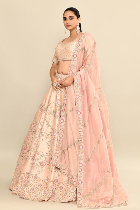 Shop_Kalighata_Pink Silk Sequins, Embroidery Hand Bridal Lehenga Set _Online_at_Aza_Fashions