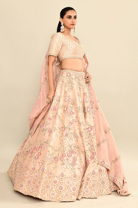 Buy_Kalighata_Pink Silk Sequins, Embroidery Hand Bridal Lehenga Set 