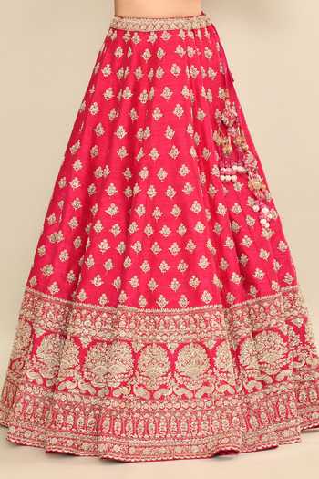 Kalighata_Pink Silk, Chiffon, Net Embroidery, Sequins, Cut Work Hand Bridal Lehenga Set _Online_at_Aza_Fashions