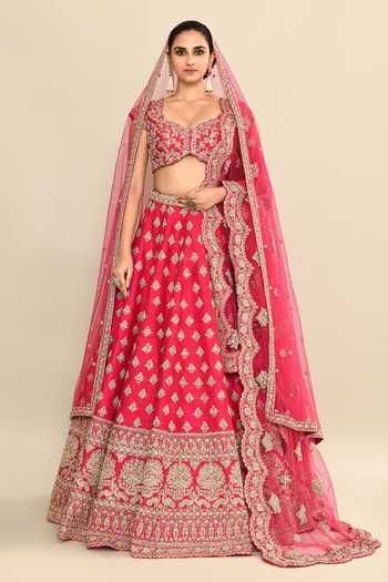 Buy_Kalighata_Pink Silk, Chiffon, Net Embroidery, Sequins, Cut Work Hand Bridal Lehenga Set _Online_at_Aza_Fashions