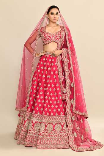 Shop_Kalighata_Pink Silk, Chiffon, Net Embroidery, Sequins, Cut Work Hand Bridal Lehenga Set _Online_at_Aza_Fashions
