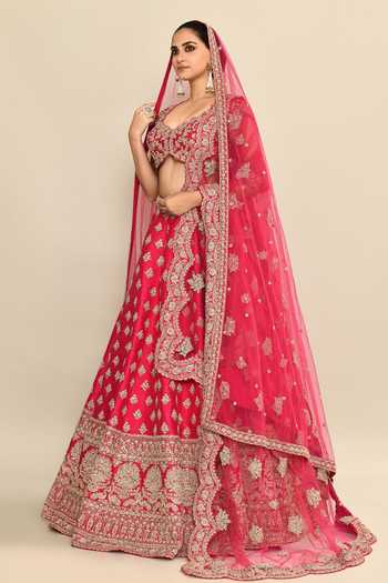 Kalighata_Pink Silk, Chiffon, Net Embroidery, Sequins, Cut Work Hand Bridal Lehenga Set _at_Aza_Fashions
