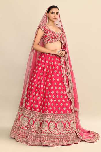 Buy_Kalighata_Pink Silk, Chiffon, Net Embroidery, Sequins, Cut Work Hand Bridal Lehenga Set 