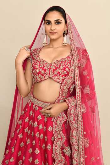 Shop_Kalighata_Pink Silk, Chiffon, Net Embroidery, Sequins, Cut Work Hand Bridal Lehenga Set 