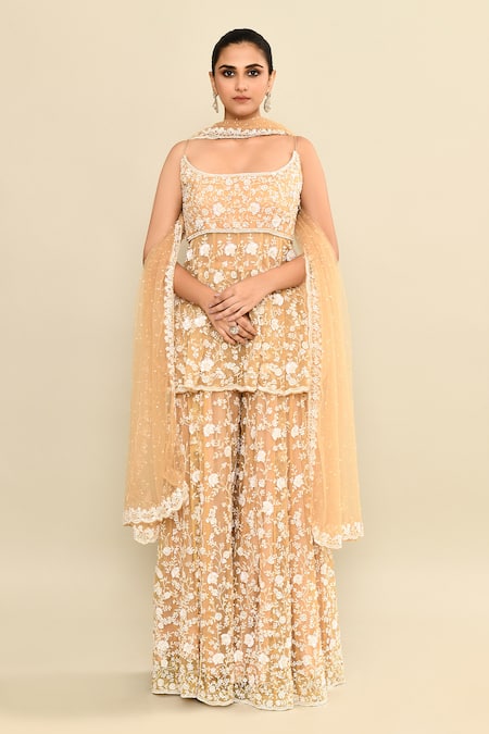 Kalighata_Gold Organza Sequins, Cut Work, Embroidery Scoop Neck Floral Hand Peplum Set _Online_at_Aza_Fashions