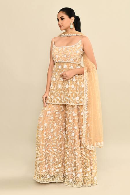 Buy_Kalighata_Gold Organza Sequins, Cut Work, Embroidery Scoop Neck Floral Hand Peplum Set _Online_at_Aza_Fashions