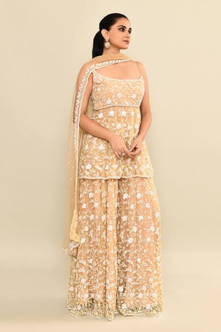Shop_Kalighata_Gold Organza Sequins, Cut Work, Embroidery Scoop Neck Floral Hand Peplum Set _Online_at_Aza_Fashions