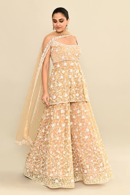 Kalighata_Gold Organza Sequins, Cut Work, Embroidery Scoop Neck Floral Hand Peplum Set _at_Aza_Fashions