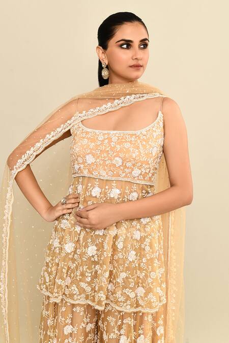 Shop_Kalighata_Gold Organza Sequins, Cut Work, Embroidery Scoop Neck Floral Hand Peplum Set 