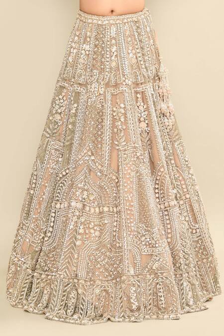 Kalighata_Gold Organza Embroidery, Tassels, Sequins V-neck Bridal Lehenga Set _Online_at_Aza_Fashions