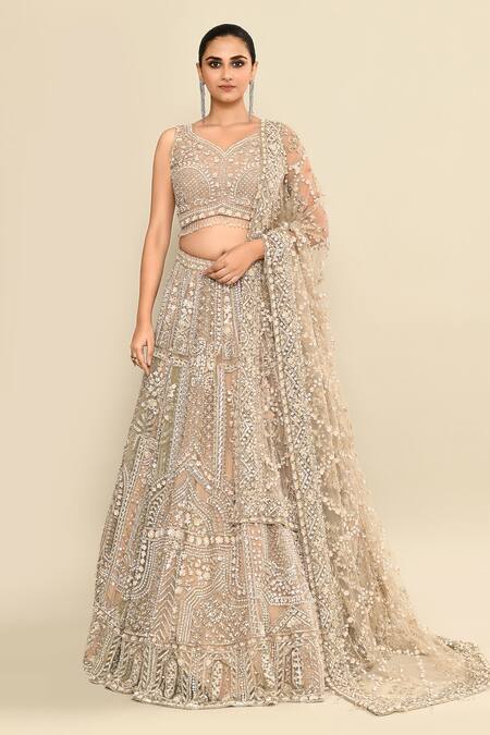 Buy_Kalighata_Gold Organza Embroidery, Tassels, Sequins V-neck Bridal Lehenga Set _Online_at_Aza_Fashions