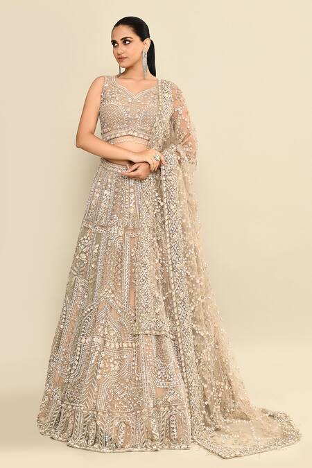 Shop_Kalighata_Gold Organza Embroidery, Tassels, Sequins V-neck Bridal Lehenga Set _Online_at_Aza_Fashions