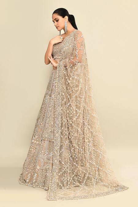 Kalighata_Gold Organza Embroidery, Tassels, Sequins V-neck Bridal Lehenga Set _at_Aza_Fashions