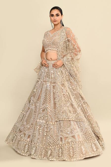 Shop Kalighata Gold Organza Embroidery, Tassels, Sequins V-neck Bridal Lehenga Set Shop_Kalighata_Gold Organza Embroidery, Tassels, Sequins V-neck Bridal Lehenga Set